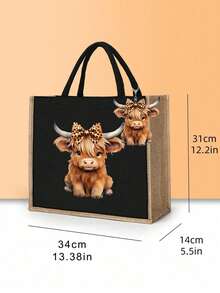 黑色亚麻手提包套装，饰以高地奶牛印花，适合婚礼、生日、海滩、度假等场合——是送给女性、母亲、教师、朋友、伴娘、学生以及返校季的完美礼物。