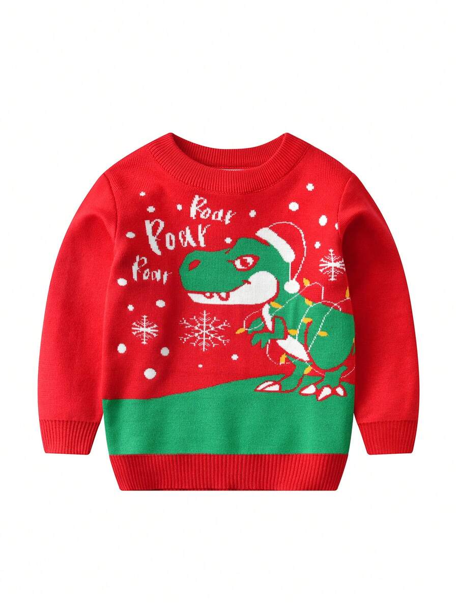 Boys' Crown Pattern Jacquard Knit Sweater, Crew Neck Long Sleeve Pullover For Autumn & Winter - Red - View 1