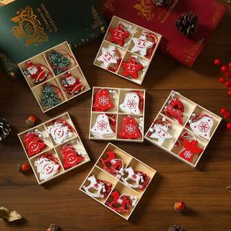 12件装木制圣诞小饰品，圣诞树装饰品及圣诞小礼物，精致木盒挂饰，温暖的木柴纹理和紧凑的造型，适合悬挂，可用于圣诞树装饰、节日装饰、礼品赠送，是家庭和手工爱好者圣诞装饰及节日礼物赠送亲朋好友的理想之选，也可用于家居装饰、房间装饰和冬季装饰。