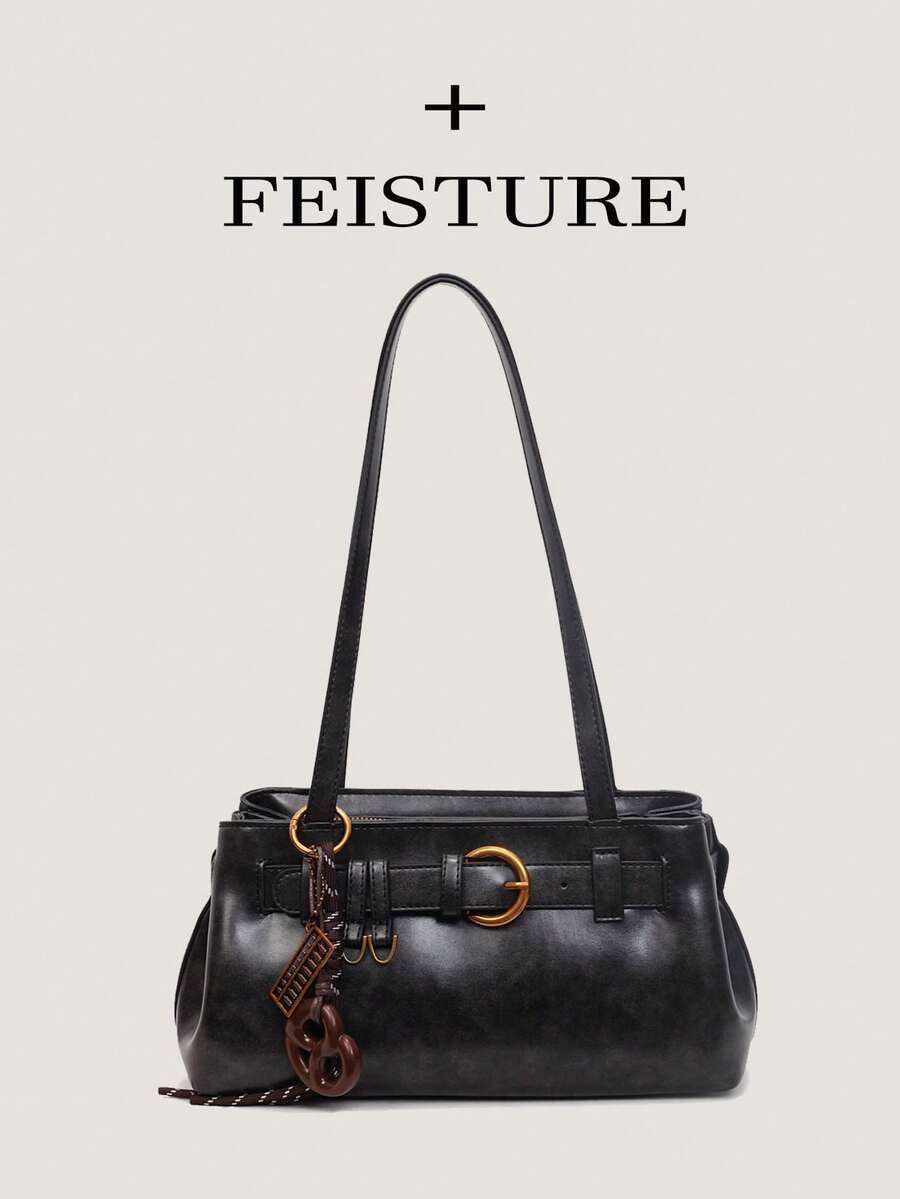 1 pieza Bolso de hombro con decoración de correa vintage, bolso de axila de material de PU con colgante, adecuado para salidas diarias, citas, ir al trabajo