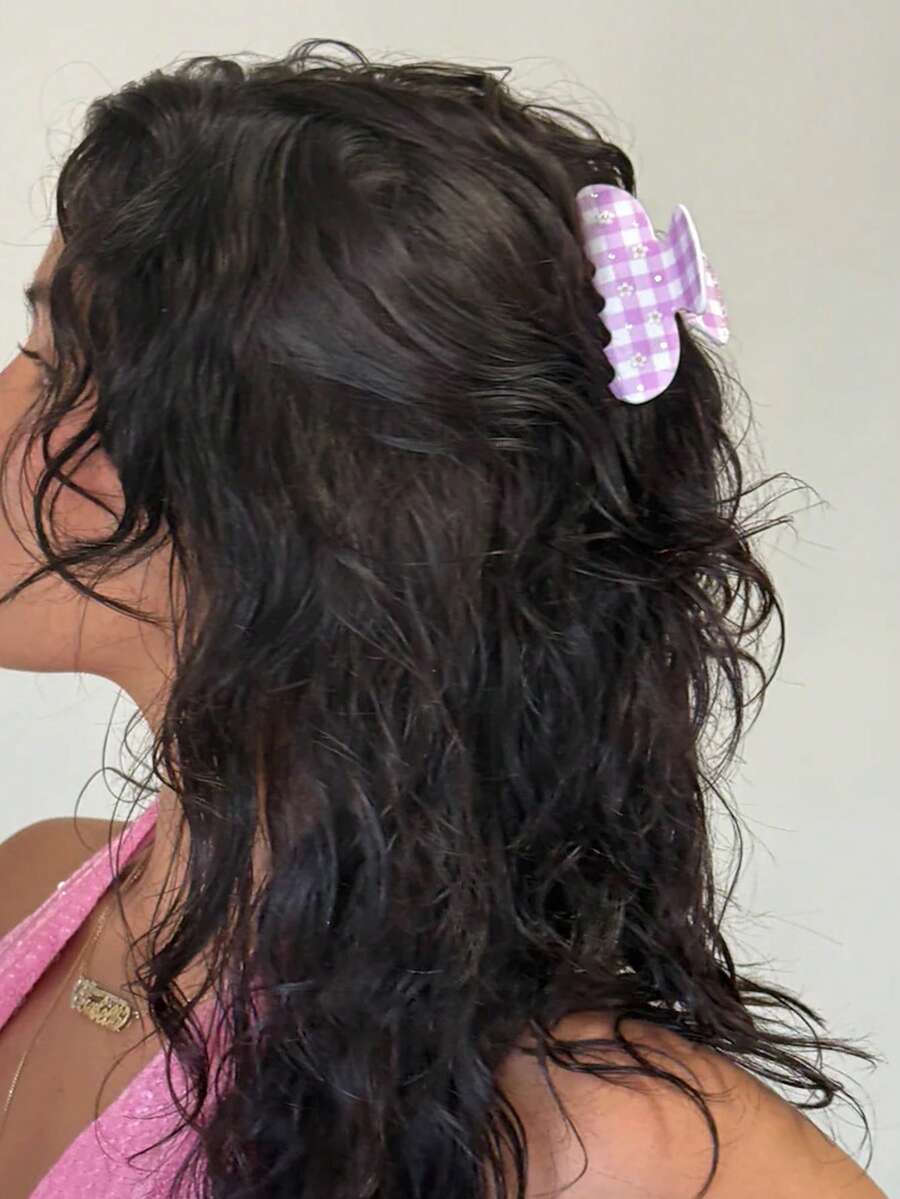 1pc Plaid Rhinestone Hair Claw Clip, Fresh Sweet Girly Floral Plaid Blue & Pink Stylish Hair Claw Hair Accessory, Minimalist Retro Vibe Hair Clip Winter Hair Clutch