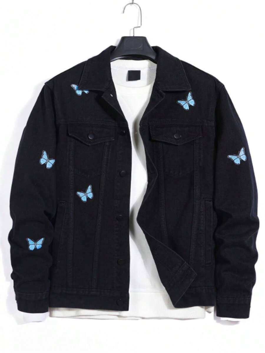 A Men's Denim Jacket, Streetwear, Hip-Hop Butterfly Print Jacket, Black Big Hip-Hop Harajuku Jacket, Black Street Jacket - 黑色 - 查看 1
