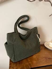 Geantă de damă din catifea reiată, capacitate mare, cu buzunare duble, un umăr