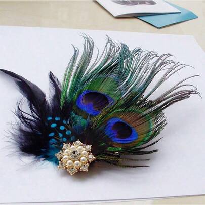 Presilha de Cabelo com Flor de Pena de Pavão, Estilo Elegante, Diamante, Tiara de Noiva, Adequada para Casamentos, Festas à Noite e Bailes