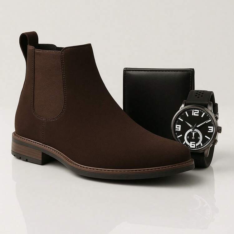 Bota Masculina Botina Chelsea Adventure Couro  Tenis Montaria Kit Relogio e Carteira - Marrom - Visão 1