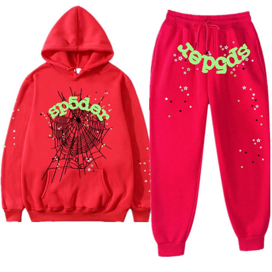 Spider Web 55555 Men's 2025 Graphic Letter Print Sweatshirt & Jogger Pants Set, Oversized Knit Sweater With Cuffed Hem, Casual Streetwear Tracksuit, Y2K Autumn Winter Loungewear - 紅色 - 查看 1