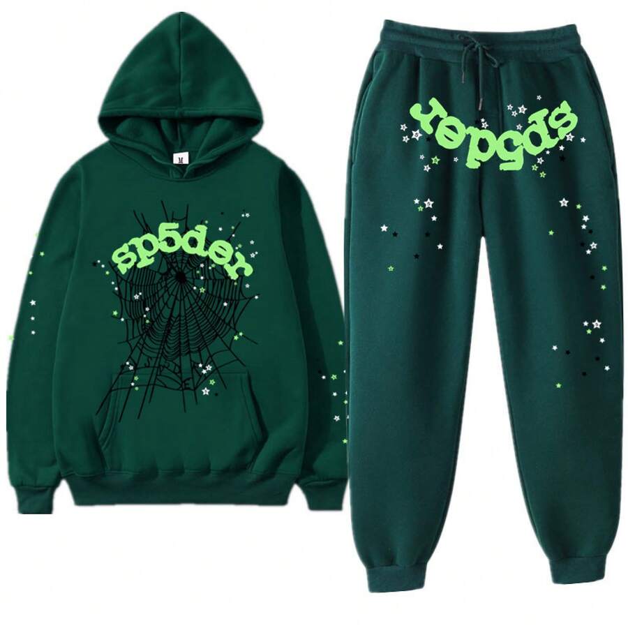 Spider Web 55555 Men's 2025 Graphic Letter Print Sweatshirt & Jogger Pants Set, Oversized Knit Sweater With Cuffed Hem, Casual Streetwear Tracksuit, Y2K Autumn Winter Loungewear - 綠色 - 查看 1