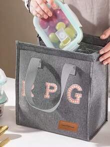 1pc Pearl Letter Pattern Canvas Tote Bag, Simple English Letter Solid Color DIY Handheld Insulated Lunch Bag, Lunch Box Bag, Thermal Lunch Bag, Large Capacity Insulated Lunch Tote Bag For Students, Office Workers, Waterproof, Oil-Proof - Multicolor - View 8