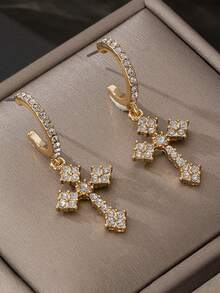 1 par de pendientes con colgante de cruz de rhinestone, diseño único adecuado para mujeres