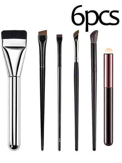 六件套化妆刷套装，包括斜角眉刷、眼线刷、眉毛染色刷、超薄倾斜平角化妆刷、眼影刷、唇刷和粉底刷，适用于精准上妆。美妆工具套装，化妆刷套装，化妆刷套装，化妆刷套装，全套化妆刷，化妆刷套装，全套化妆工具，化妆刷套装，化妆刷套装，化妆礼盒套装