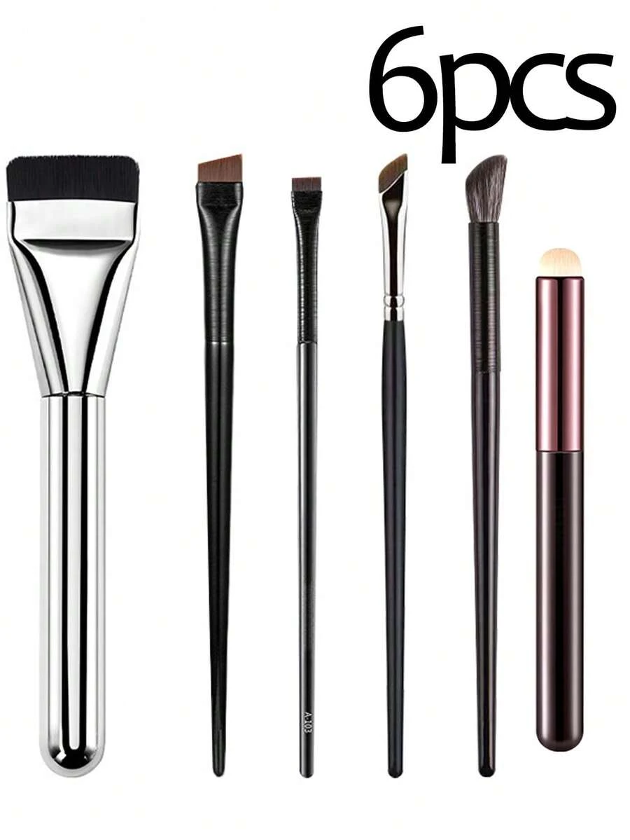 六件套化妆刷套装，包括斜角眉刷、眼线刷、眉毛染色刷、超薄倾斜平角化妆刷、眼影刷、唇刷和粉底刷，适用于精准上妆。美妆工具套装，化妆刷套装，化妆刷套装，化妆刷套装，全套化妆刷，化妆刷套装，全套化妆工具，化妆刷套装，化妆刷套装，化妆礼盒套装 - 彩色 - 查看 1