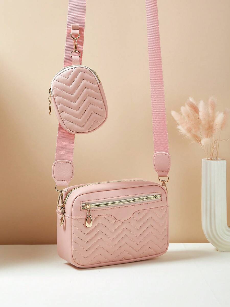 1pc Girls Mini Wave Pattern Embossed Letter Pouch, Phone Wallet Coin Purse - Pink - View 1