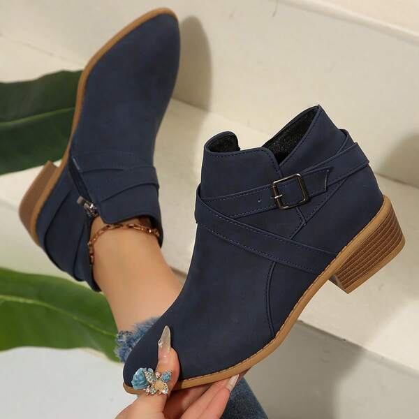 Botines de mujer tipo Chelsea, nueva moda de otoño/invierno con puntera puntiaguda, hebilla, unicolor, cremallera lateral, caña corta y tacón medio, clásicos botines de vestir