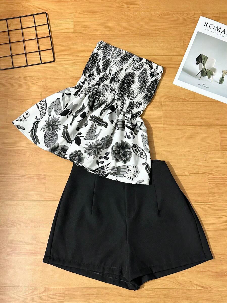Women's Two Piece Set, Strapless Printed Top And Plain Shorts, Casual Summer Outfit - Branco claro e preto - 查看 1