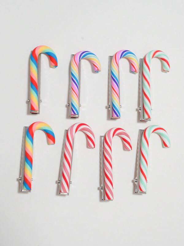 Set de 8 pinzas para el cabello con diseño de bastón de caramelo, pinzas para el cabello con tema navideño, pinzas de arcoíris, pinzas de garra