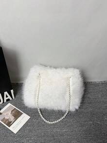 1pc Fluffy One Shoulder Handbag, Crossbody Bag For Women, High-End Pearl Chain Furry Bag, Versatile For Travel, Vacation, Daily Shopping, Great Gift For Mom