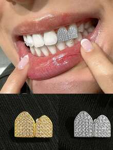 1pc Shiny Metal Zirconia Teeth Grillz, Hip Hop Personalized Party Decoration, Unisex