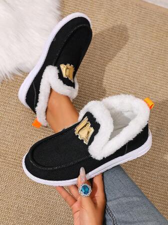 1 双女士黑色休闲鞋，带金色亮片和保暖内衬，轻质鞋底，一脚蹬运动鞋，易于穿着