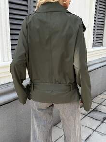 Abrigo de trinchera para mujer con solapas grandes, unicolor, bolsillos, doble botonadura, cinturón en la cintura, chaqueta de estilo universitario - Verde - Ver 5