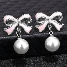 Bow Earrings For Women  Sparkly Rhinestone Chain Tassel Earrings Cute Ribbon Stud Earring Daily Party Jewerly Gifts Christmas Stocking Stuffers - C3:粉紅蝴蝶結珍珠耳環銀色 - 查看 4