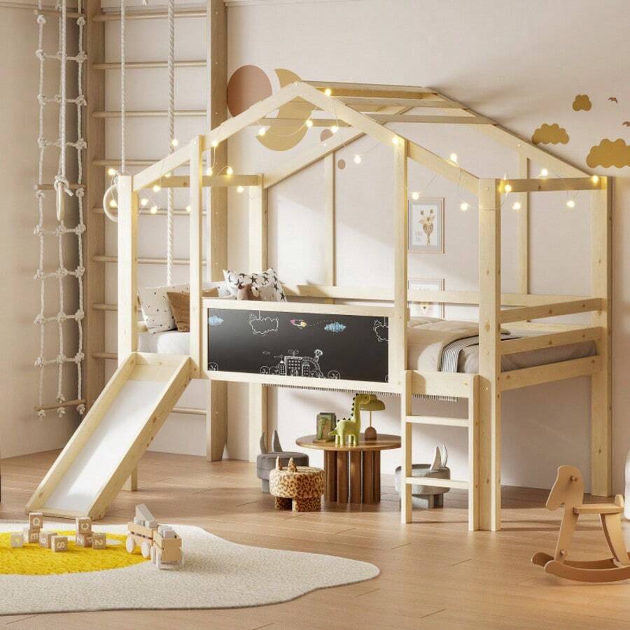 Children's Bed 90 X 200 Cm, Attic Design With Ladder And Slide, With Graffiti Panel, Multifunctional Bed, Solid Wood Bed, Single Bed, White Loft Bed - Natural Wood - View 1