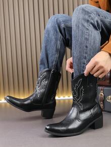 Botas vaqueras de media pantorrilla estilo retro americano occidental para hombres, botas de montar con tacón cuadrado estilizado y bordados