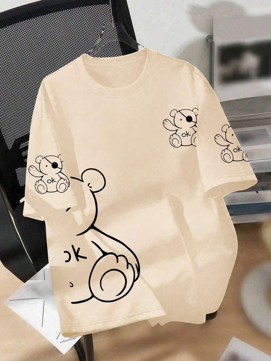 Girls' Casual Comfortable Black Bear Graphic Print T-Shirt, Cute & Fun Design For Teenagers - Apricot - View 1