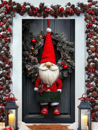 1 Christmas Dwarf Door Flower Wreath, Modern 2D Polyester Background Fabric With Light Color Decoration, Multifunctional Indoor/Outdoor Holiday Decoration, No Need For Electricity