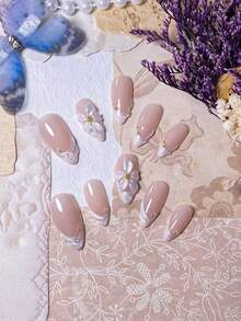 10片手工杏仁金线镜面3D花卉简约可拆卸美甲贴片，时尚优雅美甲用品，手工按压式美甲贴片 - 彩色 - 查看 5