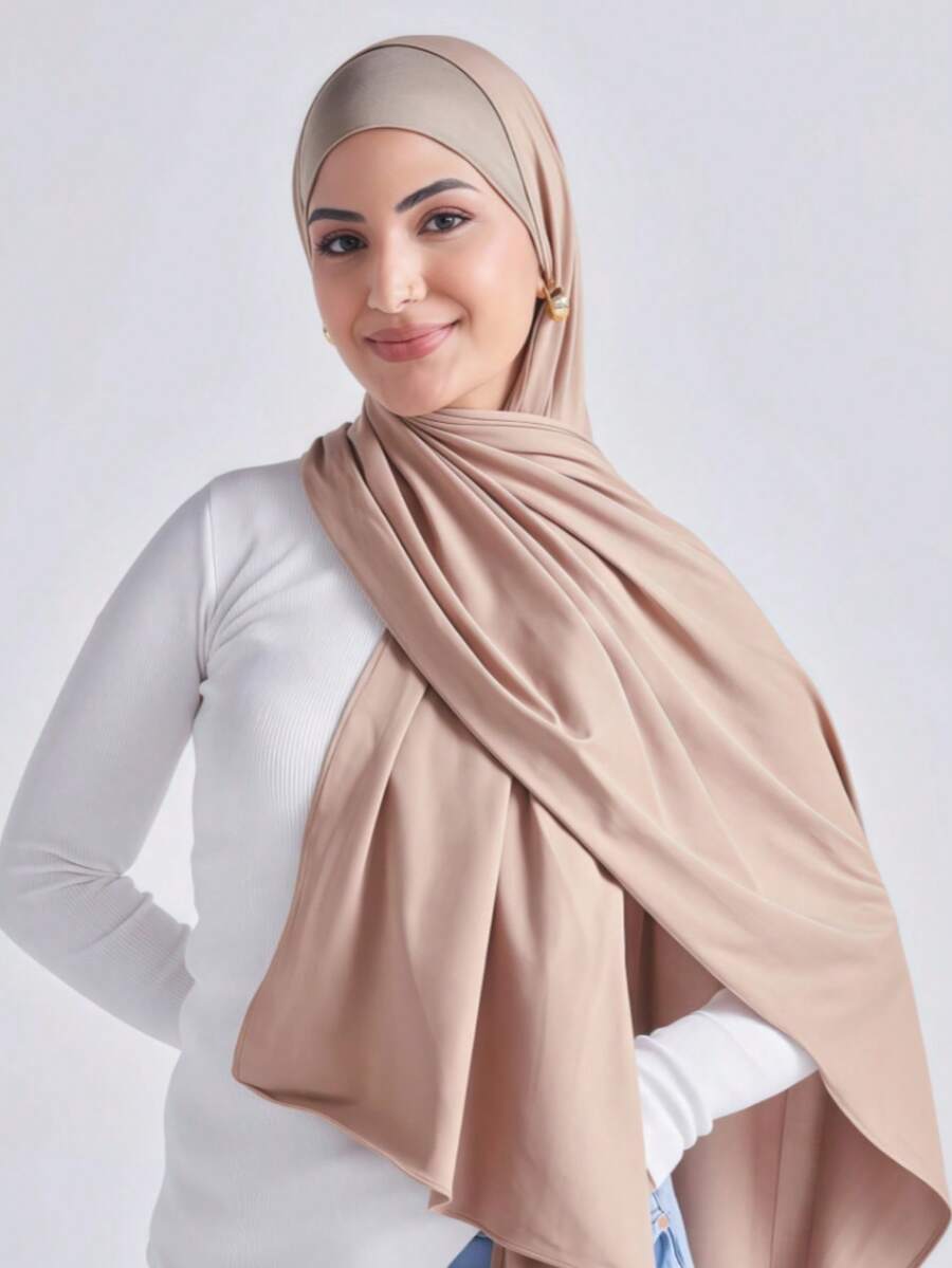 1 buc Eșarfă simplă, clasică, culoare solidă, elegantă, casual, cu margini, eșarfă hijab din jerseu de viscoză tricotată premium, eșarfă lungă în stil turban, potrivită pentru viața de zi cu zi, ieșiri și întâlniri - kaki deschis - Vizualizare 1