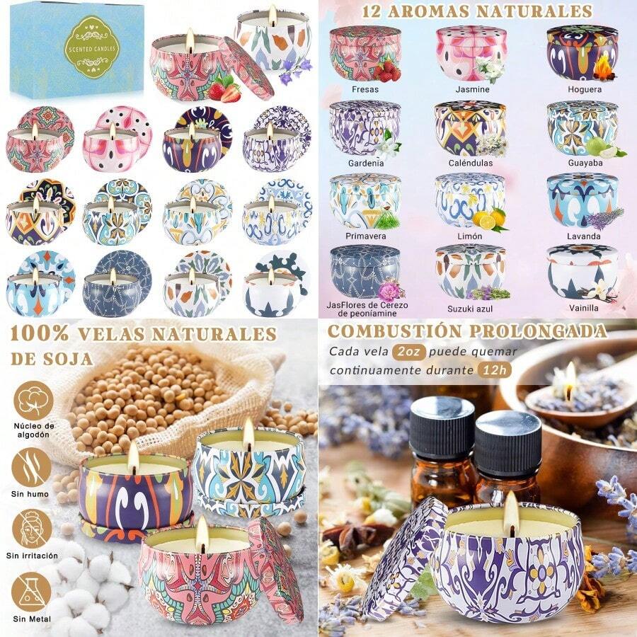 VIDA4U 12 Piezas Velas Aromaticas Decorativas de Cera de Soya 100% Natural para Aromaterapia Ideal para Ambientes Relajantes en Regalos de San Valentin Cumpleaños Aniversario y Navidad Escenario Perfecto para Momentos Especiales y Decoracion Elegante - Victoria - Ver 1