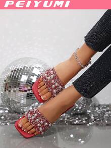 PEIYUMI Sandales d'été confortables à talon bas épais, décorées de perles et de strass, pour femmes en grande taille. Sandales de plage décontractées - Rouge - Voir 6