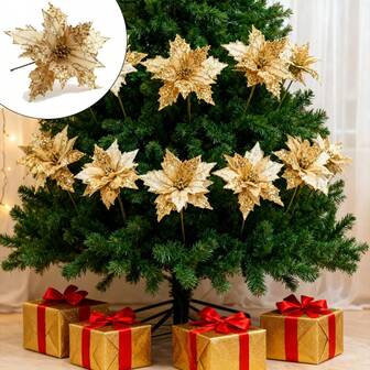 크리스마스 꽃, 골든 인공 크리스마스 꽃, 크리스마스 트리 장식 꽃, 20cm 스팽글 벨벳 크리스마스 꽃