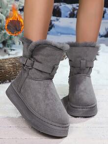 Women's Warm Turnover Cuff Thickened Mid-Calf Snow Boots, Retro Buckle Thick Sole Dual-Wear Snow Boots, Thick Shaft Snow Boots