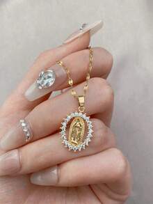 1pc Retro Hip Hop Style Copper & Zirconia Decor Virgin Mary Charm Necklace With Stainless Steel Chain For Girls For Party Banquet Festival Accessory For Daily Life Fine Jewelry Gold Jewelry Back To School - 黃金 - 查看 3