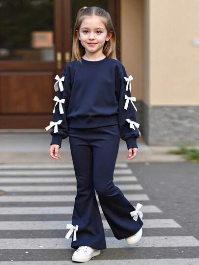 Set 2 buc. hanorac casual pentru fete și pantaloni evazați, top cu mânecă lungă și guler rotund, elegant și confortabil, potrivit pentru primăvară/toamnă