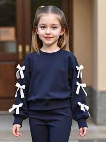 2 件套女童休闲运动衫和喇叭裤套装，蝴蝶结装饰长袖圆领上衣，优雅舒适，适合春秋季 - 藏蓝色 - 查看 4