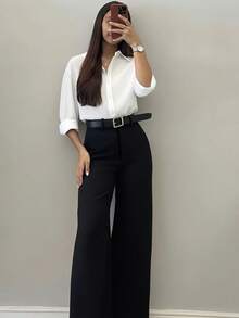 Women's Minimalist Design Flared Leg Casual Trousers, Suitable For Commuting, Office, Daily Wear, All Seasons