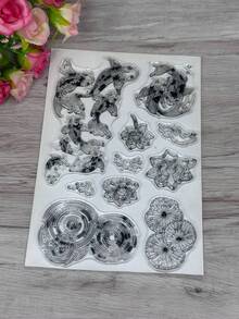 锦鲤莲花透明橡皮图章复古橡胶透明卡片专用唱片图案制作印章DIY剪贴簿照片杂志相册装饰印章 - 黑色 - 查看 5