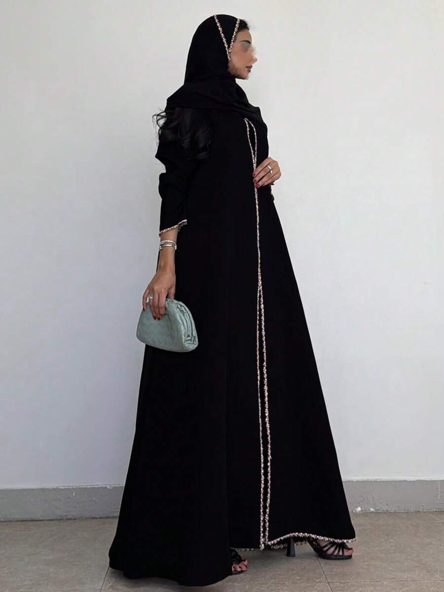 黑色长袖宽松刺绣优雅阿巴雅开衫长袍，配头巾 - 黑色 - 查看 1