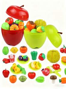 Kids Play Kitchen Cutting Toy Set, Realistic Fruit & Vegetable Playset With 2 Large Apples, Storage Box, Knife & Cutting Board, Ideal Gift For Boys Girls Birthday Christmas, Develops Hands-On Skills, Imagination - Red - View 11