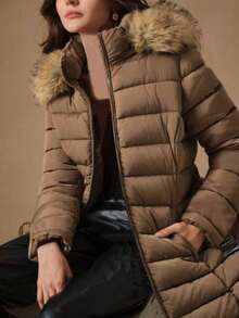 女式加厚仿毛领连帽夹克，双拉链，腰部抽绳 - 卡其色 - 查看 3