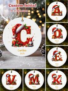 Christmas Decorations - 1PC Customized Family Christmas Ornament, Personalized Christmas Decorations, 3 Inch Round Ceramic, Home Christmas Decoration, Custom Initial & Name With Santa Claus & Santa Hat Design, Unique Personalized Gifts For Family, Wife, Husband, Couples, Kids, Parents, Friends, 2025 Christmas Housewarming Gift & Christmas Decorations Home - Style a - View 1