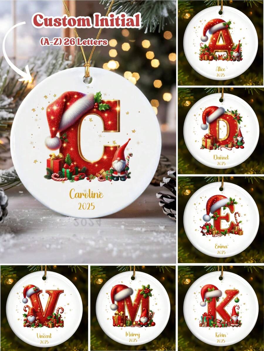 Christmas Decorations - 1PC Customized Family Christmas Ornament, Personalized Christmas Decorations, 3 Inch Round Ceramic, Home Christmas Decoration, Custom Initial & Name With Santa Claus & Santa Hat Design, Unique Personalized Gifts For Family, Wife, Husband, Couples, Kids, Parents, Friends, 2025 Christmas Housewarming Gift & Christmas Decorations Home - Style a - View 1