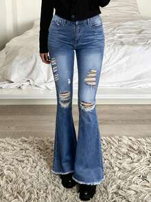 Women's Mid-Raise Stretch Slim Fit Ripped Raw Hem Flared Jeans - Medium Wash - View 4