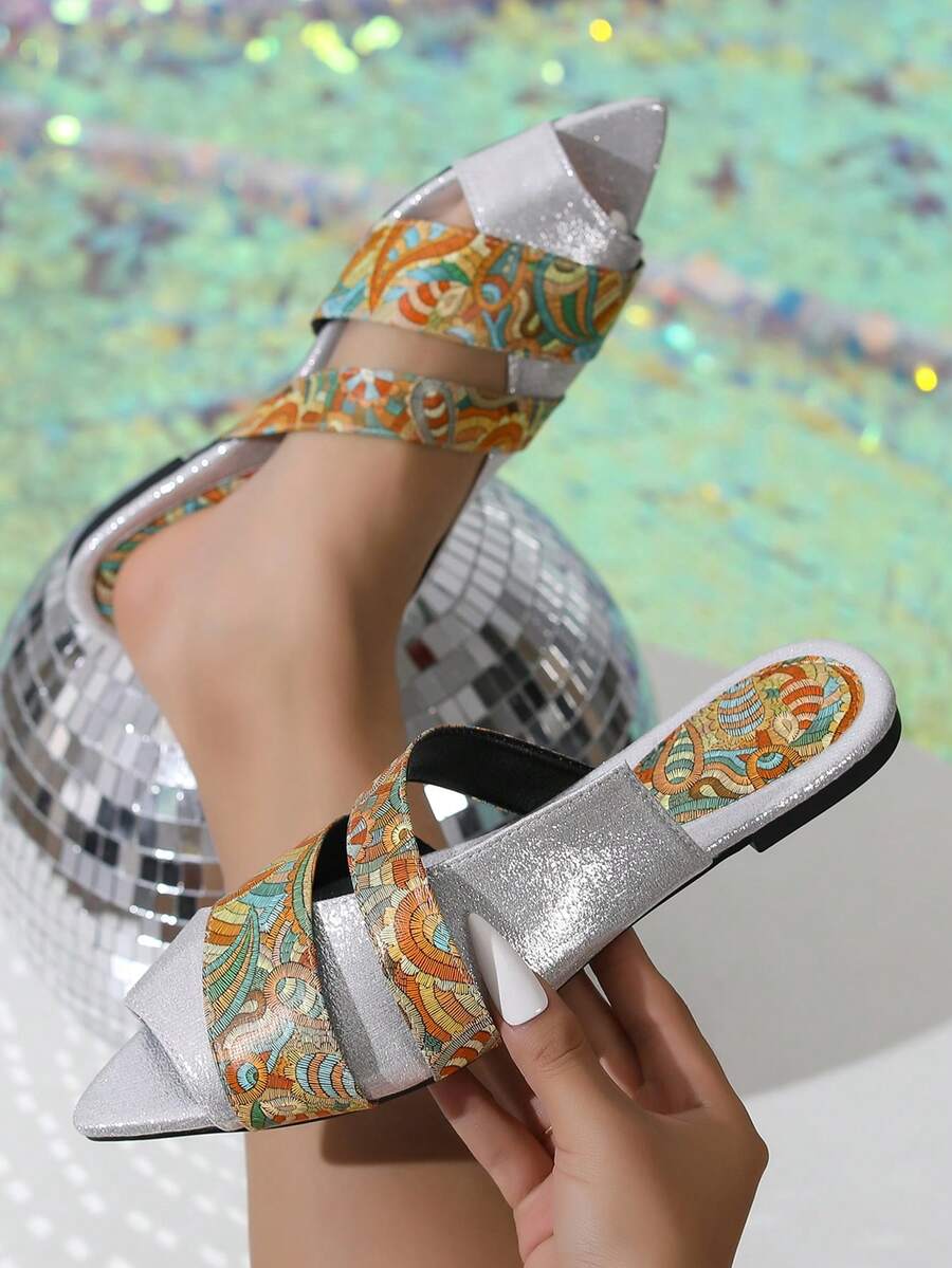 女士平底时尚穆勒拖鞋，户外休闲沙滩鞋 - 銀色 - 查看 1