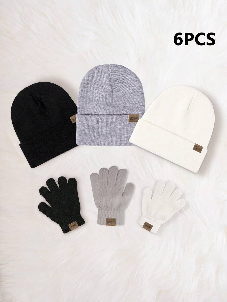 6pcs Solid Color Knit Hat + Solid Color Fingerless Gloves (6-Piece Set), Boys/Girls Outdoor Windproof Casual Winter Cold-Proof Hat Suitable For Daily Wear - Black+Light Gray+White - View 1