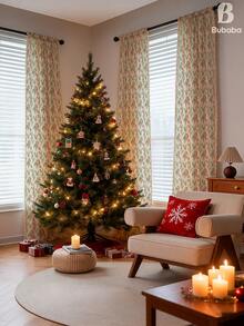 Bubaba 1 pieza Cortina con borlas estilo bohemio en beige, con estampado de hojas verdes y bayas rojas, simple y natural para dormitorio, sala de estar, cocina, hotel, restaurante, adecuada para decoración navideña y de vacaciones