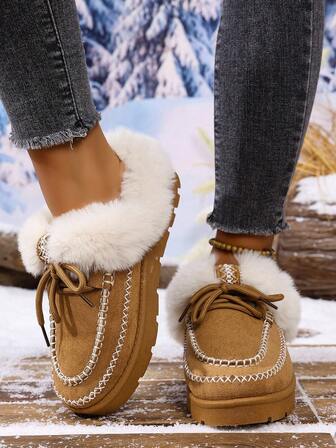 女士冬季圆头舒适休闲一脚蹬靴，经典百搭简约风格，适合日常通勤、度假、购物，温暖毛绒衬里，防寒，厚底，系带踝靴，棕色毛绒家居拖鞋