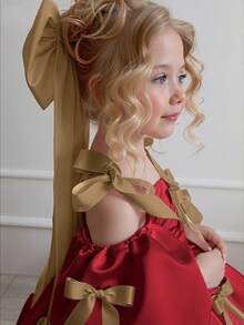 小女孩圣诞连衣裙，吊带、蝴蝶结、泡泡袖，公主风，适合儿童生日派对、花童、婚礼、舞会、节日庆典等场合。 - 酒紅色 - 查看 4